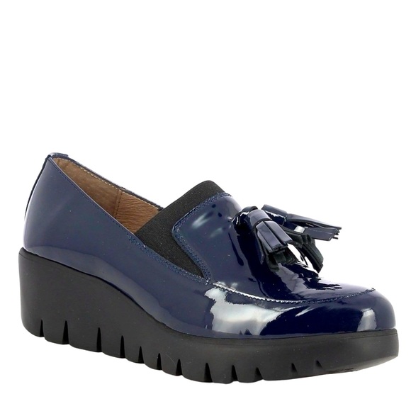 Wonders Alba Navy Patent Leather Gored Platform Wedge Tassel Loafers Size 10 - Picture 1 of 16